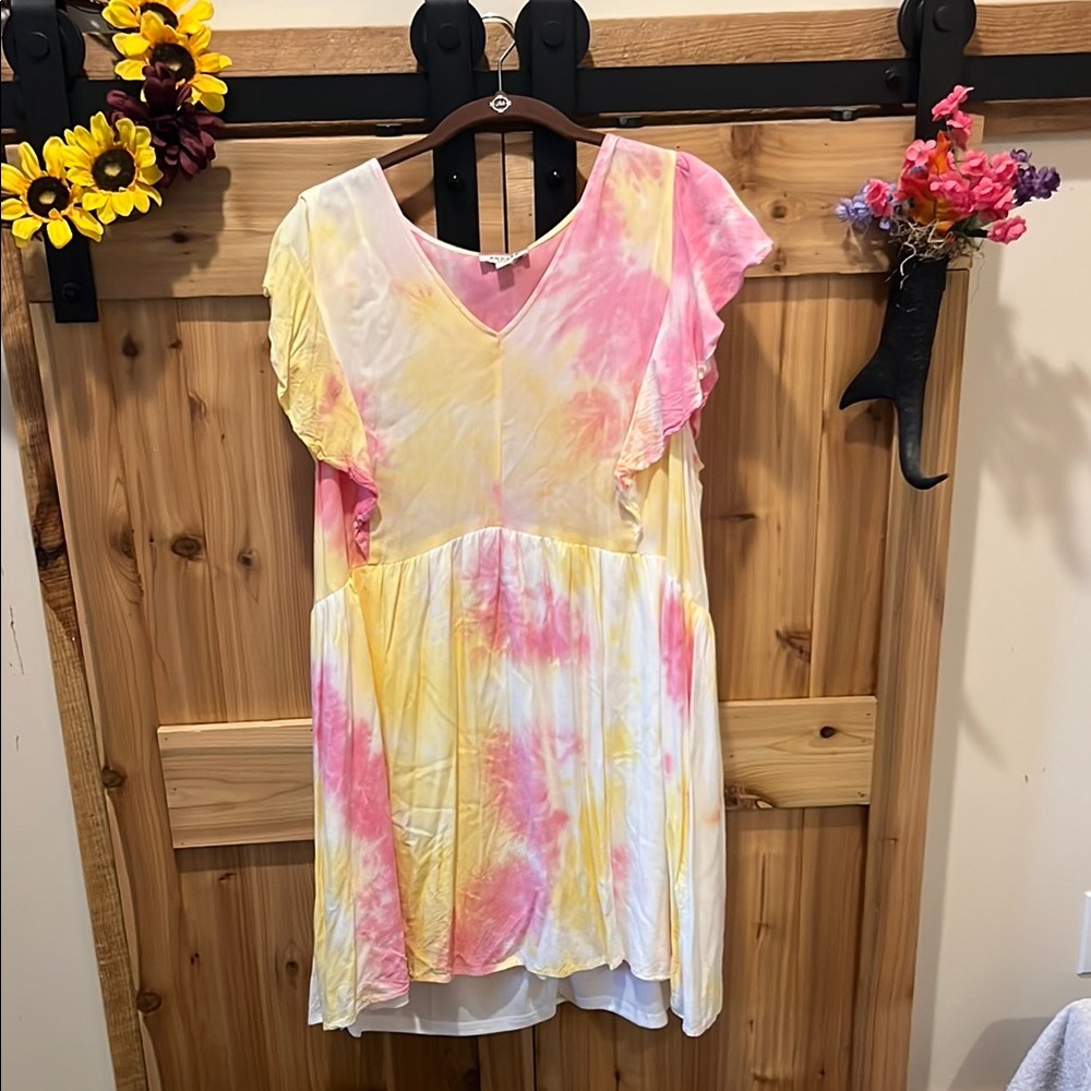 ANDREE BY UNIT Pink & Yellow Tie-Dye Midi Dress